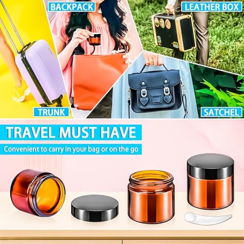 MotBach 4 Pack 2oz Glass Jars with Lids 60ml Mini Round Clear Glass Jars with Inner Liners and Spatulas, Travel Size Containers Jars for Toiletries Creams Makeup Cosmetic Sample Lotion (amber Lid)
