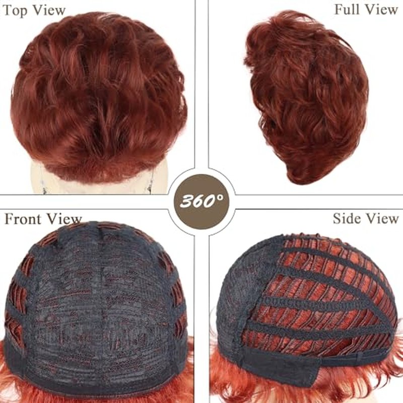 GNIMEGIL Auburn Short Curly Old Lady Wig Set Synthetic Hair Grandma Wig Red Brown Halloween Costume Granny Mommy Outfits White Women Wig with Glasses, Necklace & Chain for Older Ladies