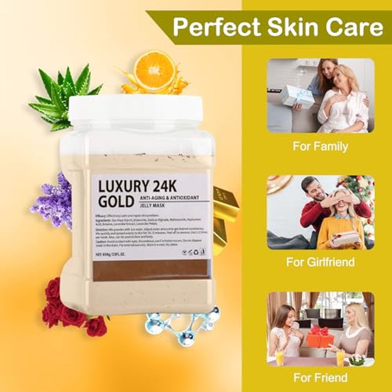 CarPerif Jelly Mask for Facials Professional Natural Gel Face Masks, Hyaluronic acid Hydrating Rubber Mask Jar Face Mask SkinCare 23 Fl Oz (24K Gold)