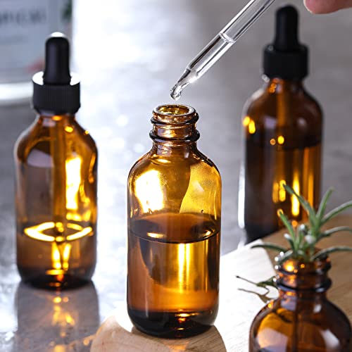 AOZITA 4 Pack, 2 oz Dropper Bottles with 1 Funnel & 4 Labels - 60ml Thick Dark Amber Glass Tincture Bottles with Eye Droppers - Leakproof Essential Oils Bottles for Health, Personal Care & Beauty
