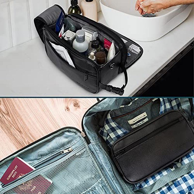 PAVILIA Toiletry Bag for Men, Travel Essentials Shaving Dopp Kit, Mens Travel Bag Toiletries Organizer Case for Grooming, PU Leather Water Resistant Cosmetic Bag Pouch (Black)