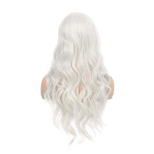 Wiwige Women Long Curly Wavy White Wigs Synthetic Heat Resistant Halloween Costume Cosplay Hair Wig with Wig Cap