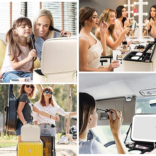 RRtide Travel Makeup Bag with Mirror of LED Lighted, Makeup Train Case with Adjustable Dividers, Makeup Case with Mirror and Detachable 10x Magnifying Mirror