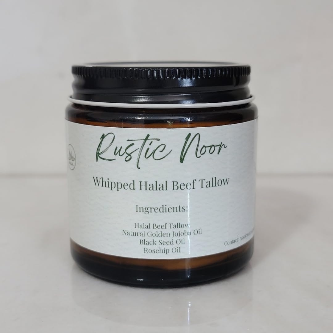 Rustic Noor - 100% Halal Beef Tallow Cream for Skin, Face, & Body. Whipped Moisturizer - 2oz Jar (Handmade in Upstate NY) (2 oz, Unscented)