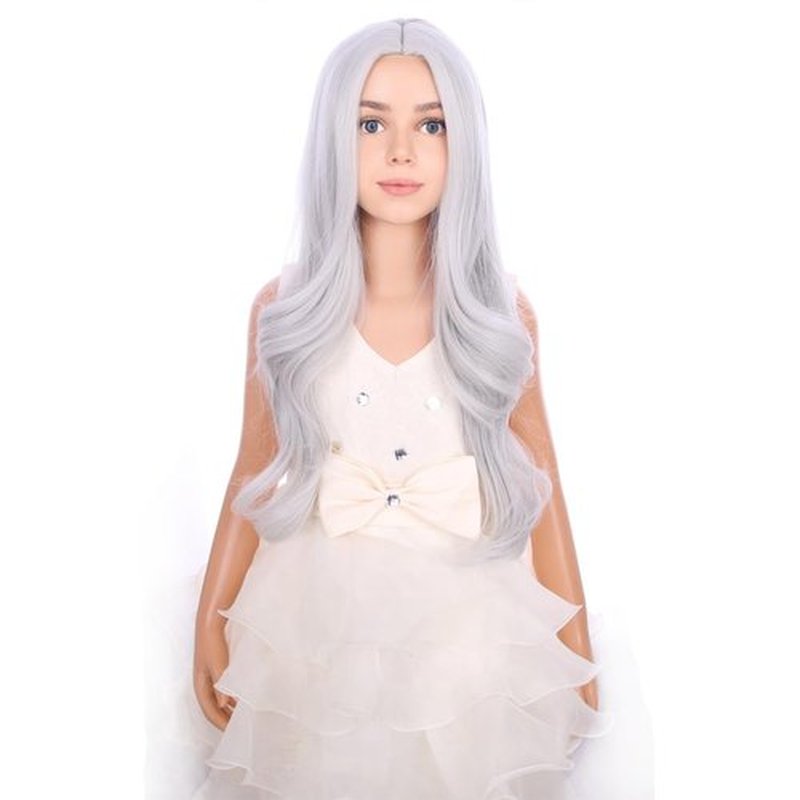 PATTNIUM Silver Gray Wig for Kids Girls Long Curly Wavy Gray Wig Child Middle Part Synthetic Wig with Wig Cap