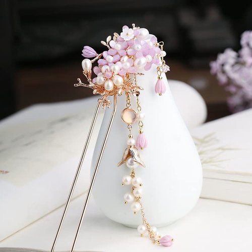 Yuri Hairpin Hair Clasp Sticks Picks Pearl Shell White Crystal Long tassels Hair Accessories For Long Hair Women Wedding Hanfu Cheongsam (white flower)