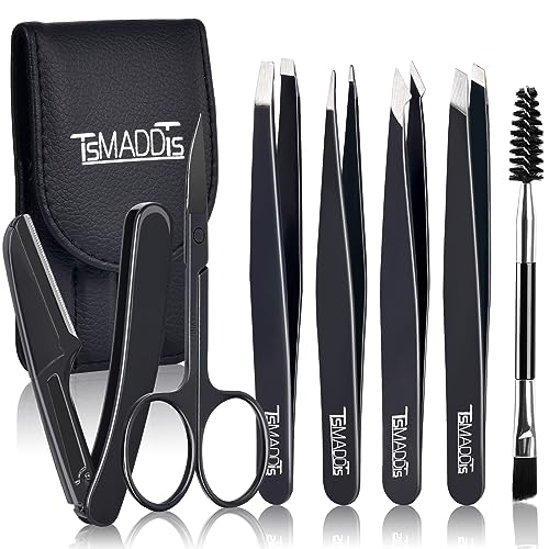 Eyebrow Tweezer Set, TsMADDTs 7 Pcs Tweezers Set for Women, Precision Tweezer for Eyebrows with Curved Scissors and Eyebrow Razor for Ingrown Hair,Yellow&Green