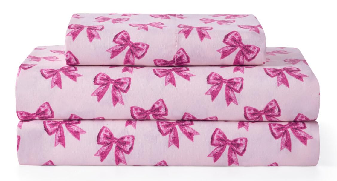 Paris Hilton Twin Size Sheets Set – 3 Piece Microfiber Bed Sheets with Fitted Sheet, Flat Sheet & Pillow Cover, Fits up to 13" Mattress Deep Pocket Twin Sheet Set for Women, Bows, Pink