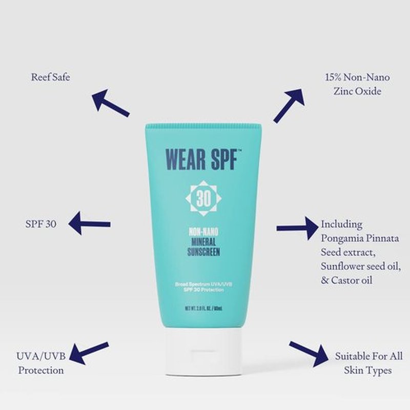 WearSPF Non-Nano Mineral Sunscreen SPF 30 broad-spectrum reef-safe Zinc Oxide lotion for face and body, 2 oz