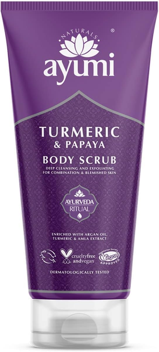 Ayumi Turmeric Body Scrub | Exfoliating Scrub with Papaya Extract | Brightening Scrub for Dull Skin | Hydrating Cleanser with Argan Oil | Body Scrub for Women & Mens Skincare Rituals | 6.77 Fl oz