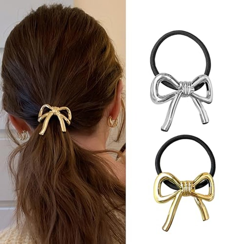 Metal Bow Hair Tie Ponytail Holders Hair Cuff Gold & Silver Metal Hair Ties Scrunchies Hair Accessories for Women Hair Elastic Rubber Bands for Hair No Damage 2 PCS (style-01)