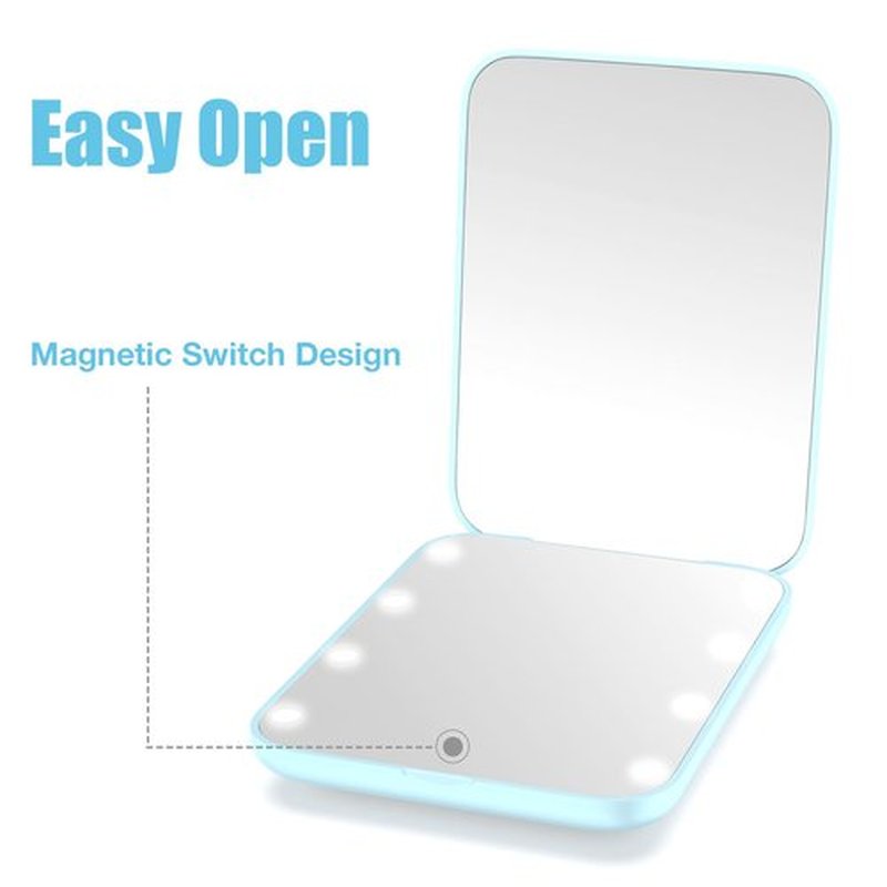 wobsion Small Mirror with Lights,LED Compact Makeup Mirror,1x/3x Mini Travel Mirror with Magnification,Portable Hand Held Mirror for Purse,Pocket,Gifts for Girls,Blue