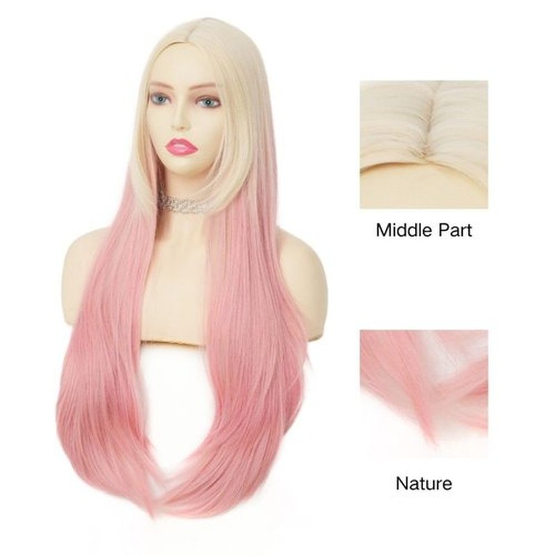 Tseses Blonde to Pink Long Wigs for Women with Bangs Ombre Long Straight Middle Part Natural Wig Synthetic Heat Resistant Halloween Cosplay Costume Hair Wig