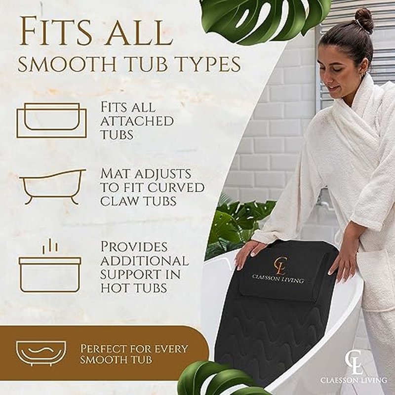 Claessonliving Full-Body Bath Pillow (17'' x 49'') - Bathtub Cushion with Headrest Supports Neck, Back and Legs - Free Hanging Hooks for Fast Drying Over Tub - Includes Washing and Travel Bags - Black