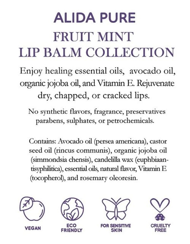 ALIDA PURE Fruit Mint Lip Balm Collection, Vegan Lip Balm Set, Bees Wax Free, Coconut Oil Free, Avocado Oil, Organic Jojoba Oil, Vitamin E, Natural Moisturizer For Dry Cracked Lips, 3 Tube Set
