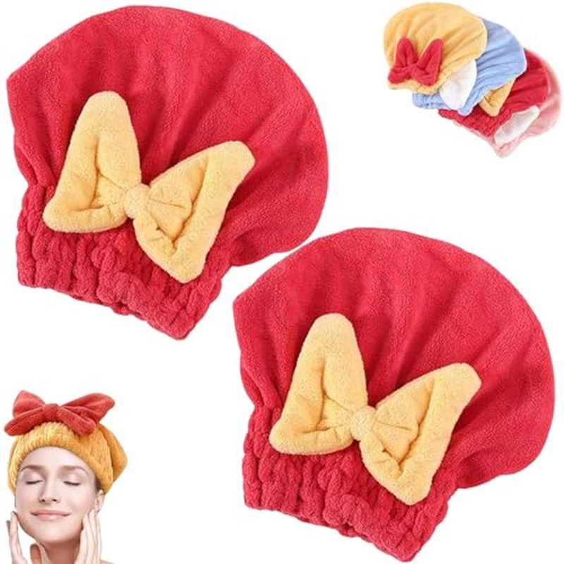TKNIBEEN New Super Absorbent Hair Towel Wrap for Wet Hair,Ultra Absorbent Hair Quick Drying Towel for Women,Efficient Hair Towel,Soft Absorbent Quick Drying Cap with Bow-Knot (2pcs-Red)