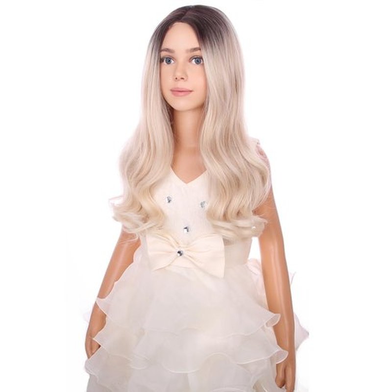 PATTNIUM Long Blonde Wigs for Kids Child Wig Long Curly Wavy Wig Ombre Blonde Wig Middle Part Girls Wig Black to Blonde Long Wigs Heat Resistant Synthetic Hair Wig with Wig Cap