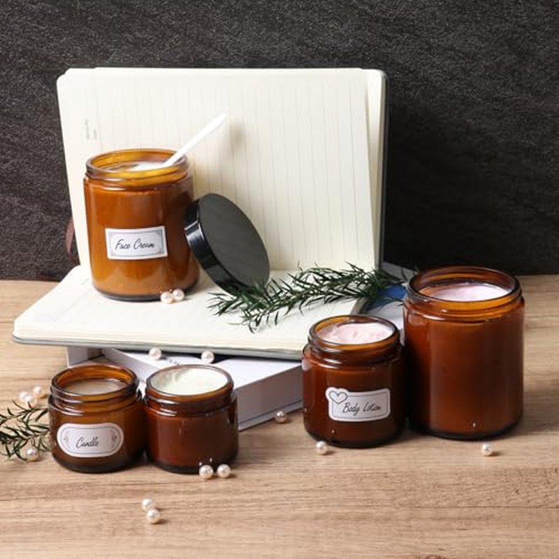 2 Pack 2 oz Amber Glass Jars with lids, Cosmetic Jars with Inner Liners and Black Lids, Lotion Jars, Candle Making Jars for Lotions, Scrubs and Cosmetic, Lables and Spatulas Include