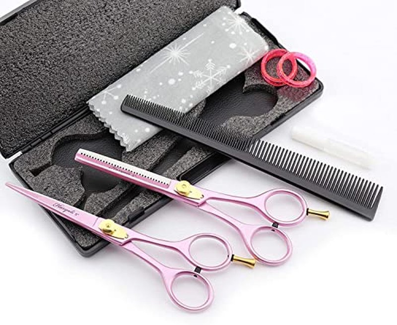 Haryali London Hairdressing Scissors Set - 6 Inches Pink Professional Hair Cutting Scissors Set - 2 Thinning Shears with Adjustable Screw - Hairdressing Comb
