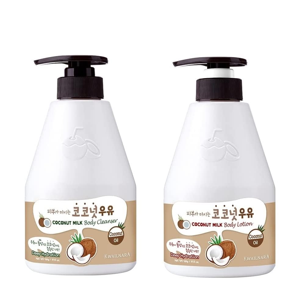 Kwailnara Coconut Milk Body Wash & Lotion Set (19.75 Oz Each) – 2-Piece Korean Skincare Duo for Hydrated & Silky Skin | Milk Protein, Royal Jelly & Restorative Coconut Extract | Paraben-Free
