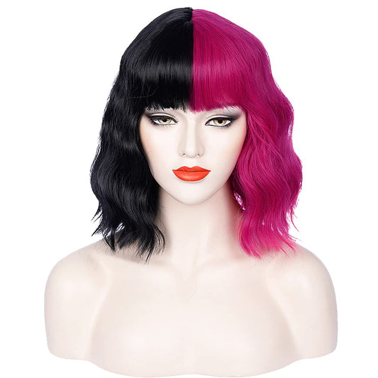 PATTNIUM Black Pink Wig Two Color Wig Short Curly Black Pink Wig With Bangs Half Black Pink Split Wig for Women Heat Resistant Synthetic Hair Cosplay Party Wig (Black and Hot Pink)