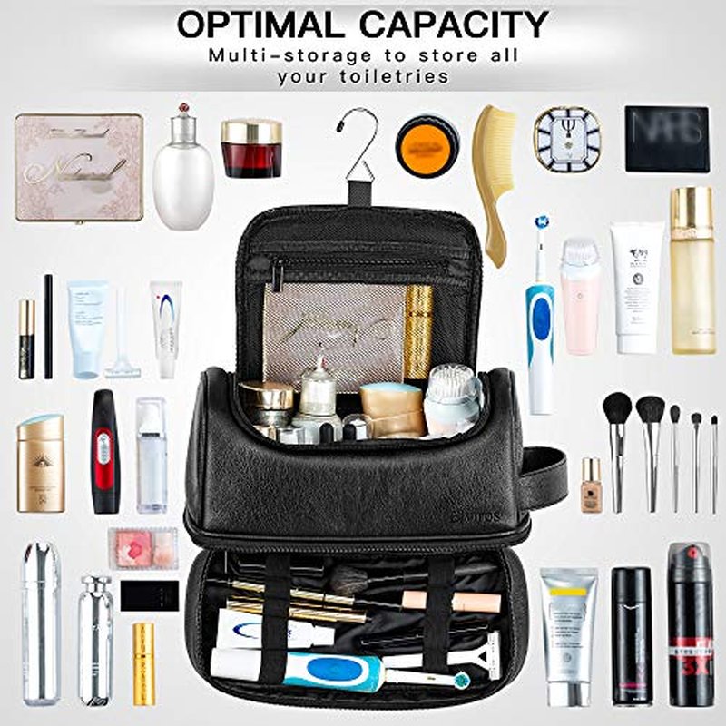 Elviros Toiletry Bag, Mens Leather Travel Organizer Kit with hanging hook, Large Water-resistant Toiletries Bathroom Shaving Bags for Women (Black)