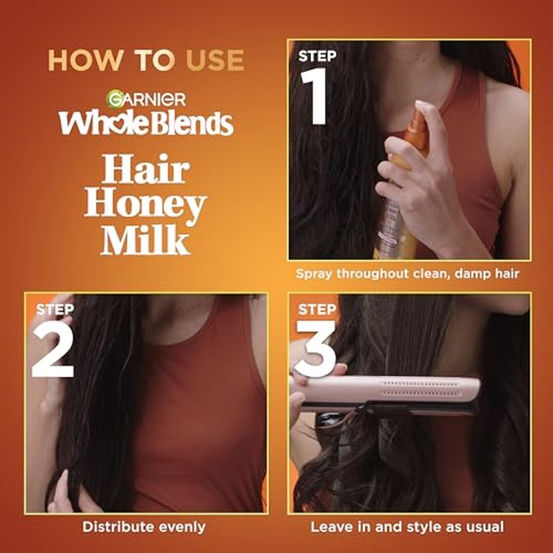 Garnier Whole Blends Honey Treasures Repairing Shampoo (22 Fl Oz), Conditioner (22 Fl Oz) + Hair Honey Milk 450F Heat Protectant Spray (2 Count) (8.5 Fl Oz) (4 Items), Bundle (Packaging May Vary)