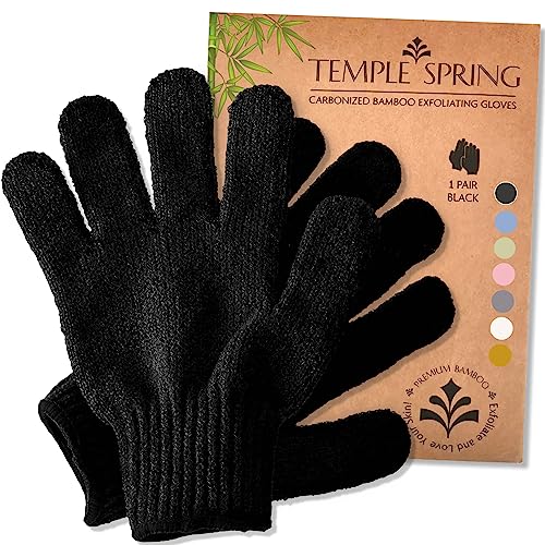 Temple Spring Exfoliating Gloves - Rayon Bamboo Bath/Shower Gloves, Bath Gloves for Shower Exfoliating and Ingrown Hair/Dead Skin Remover - Exfoliator Mitt Scrub Gloves - Black