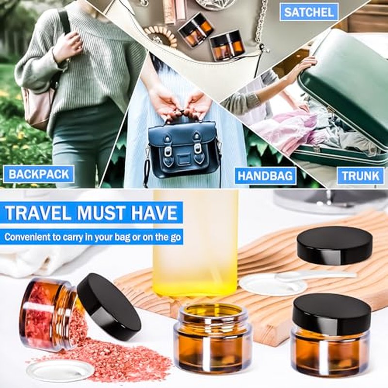 MotBach 6 Pack 1 oz Glass Jars with Lids 60ml Mini Round Clear Glass Jars with Inner Liners and Spatulas, Travel Size Containers Jars for Toiletries Creams Makeup Cosmetic Sample Lotion (Amber Lid)