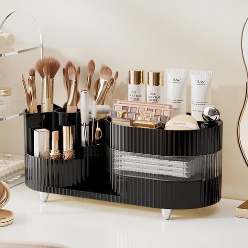 Rotating Makeup Organizer for Vanity with Brush Holder and Drawer, 3 Layer Cosmetic Makeup Storage, Large Makeup Skincare Organizer, Countertop Makeup Perfume Organizer, Lotions Display Case (Brown)
