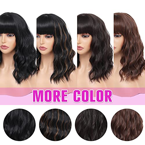 WEIWENHEE Short Wave Curly Bob Wig With Bangs-14 inch, Black Mixed Brown,Short Bob Wigs, Synthetic Wigs For Women, Natural Looking Heat Resistant Fiber Wigs