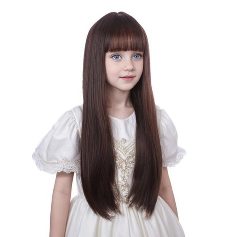 Ufindcos Brown Wig for Kids Long Brown Wig Long Straight Child Wig Brown Wig with Bangs for Girls 22 Inches Synthetic Wig With Wig Cap（Brown）
