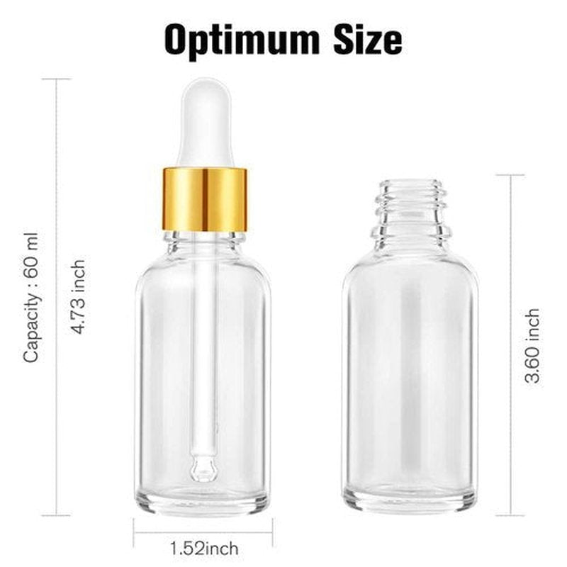 PrettyCare Eye Dropper Bottle 2 oz (12 Pack Clear Glass Bottles 60ml with Golden Caps, 24 Labels, Funnel & Measured Pipettes) Empty Tincture Bottles for Essential Oils