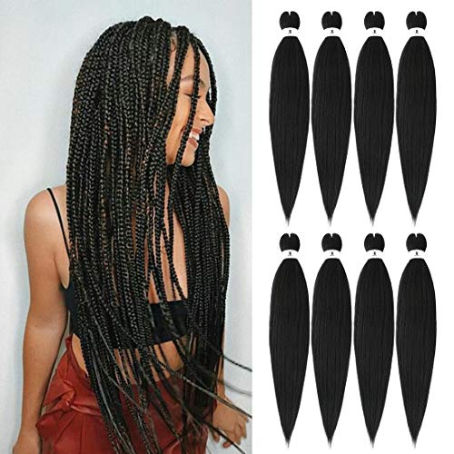 8 Pack Pre Stretched Braiding Hair 26 Inch Easy Braid Black Yaki Texture Synthetic Fluffy Hair Extensions for Braiding Crochet Braids can Hot Water Setting(1B, 26inch)