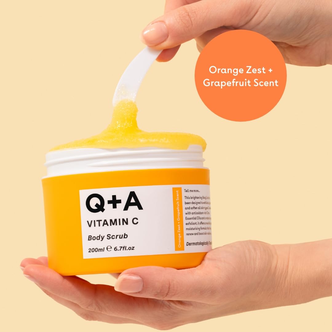 Q+A Vitamin C Body Scrub (200ml), Exfoliating Body Scrub, Brightening and Hydrating Sugar Scrub with Citrus Essential Oils, Vitamin C and Evening Primrose Oil