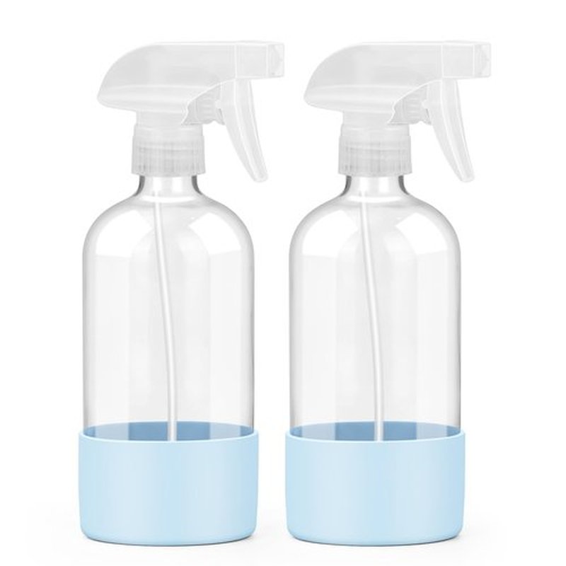 Worldgsb 2 Pack Glass Spray Bottles with Silicone Sleeve, 16 oz Empty Refillable Containers with Adjustable Spray Nozzles, Spray Bottles for Hair, Cleaning Solutions and Plants Blue