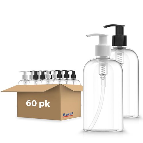 Bar5f 60-Pack Plastic Bottles with Pump Dispenser, 8.5 oz | Leak Proof, Empty, Clear Refillable, BPA Free for Body Wash, Moisturizer, Face Cream, Liquid Soap | Black & White Pumping Caps | Set of Bulk