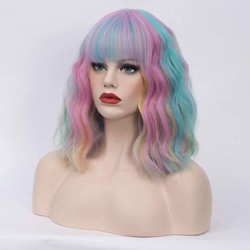 WGPFWIG Women's Multi Color Rainbow Wig Short Curly Wavy Wig Shoulder Length Flat Bangs Wig For Women Girl Cosplay Party Halloween Wig Cap Included (Multi Color Rainbow)