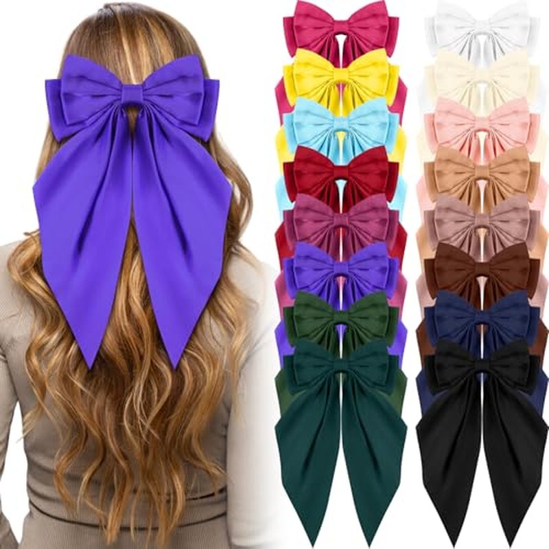 Hoteam 16 Pcs Silky Satin Hair Bows Bulk for Women Large Hair Ribbons Oversized Bows Big Hair Bows Big Bow Hair Clips Oversized Long Tail Large Bow-knot Hair Clips Hair Accessories Gifts(Classic)