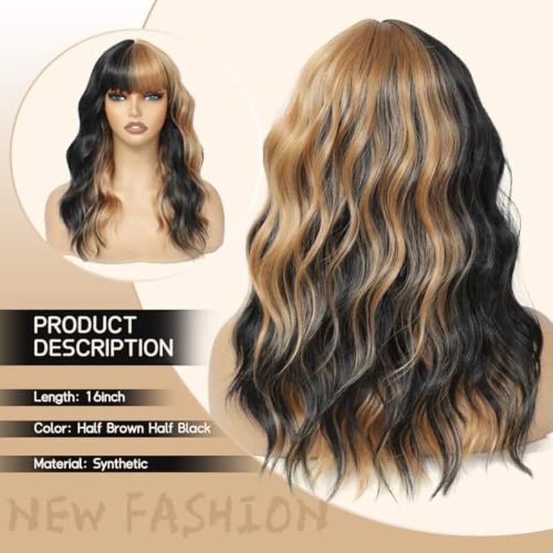 Black Wig With Bangs Long Wavy Wig for Women Curly Wavy Hair Wigs Heat Resistant Synthetic Curly Natural Black Wigs Hair Replacement Wigs for Girls Daily Party Use 24inch(Black)