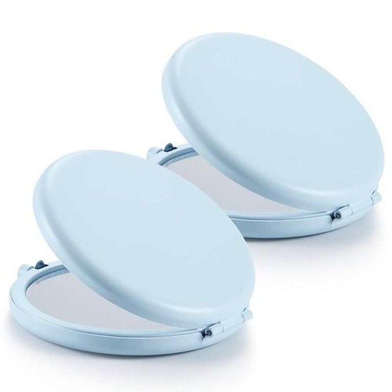 Getinbulk Compact Mirror for Purse, Set of 2 Double-Sided 1X/2X Magnifying Metal Pocket Makeup Mirrors(Round, Light Blue)