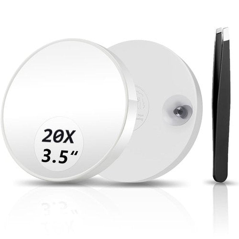 FAHZON 20X Magnifying Mirror, Magnified Mirror 3.5" with Two Suction Cups and Tweezers, Travel Magnifying Mirror Set Comes with Portable Storage Bag, Small Magnifying Mirror for Travel(White)