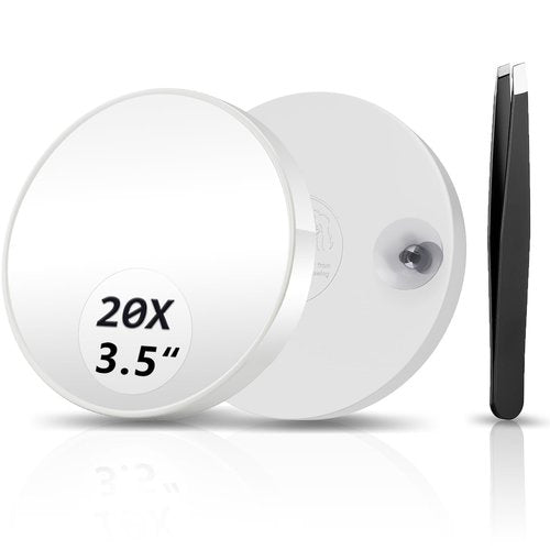 FAHZON 20X Magnifying Mirror, Magnified Mirror 3.5" with Two Suction Cups and Tweezers, Travel Magnifying Mirror Set Comes with Portable Storage Bag, Small Magnifying Mirror for Travel(White)