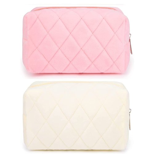SOIDRAM 2 Pieces Makeup Bag Checkered Cosmetic Bag Plush Pink White Makeup Pouch Travel Toiletry Bag Organizer Cute Makeup Brushes Storage Bag for Women