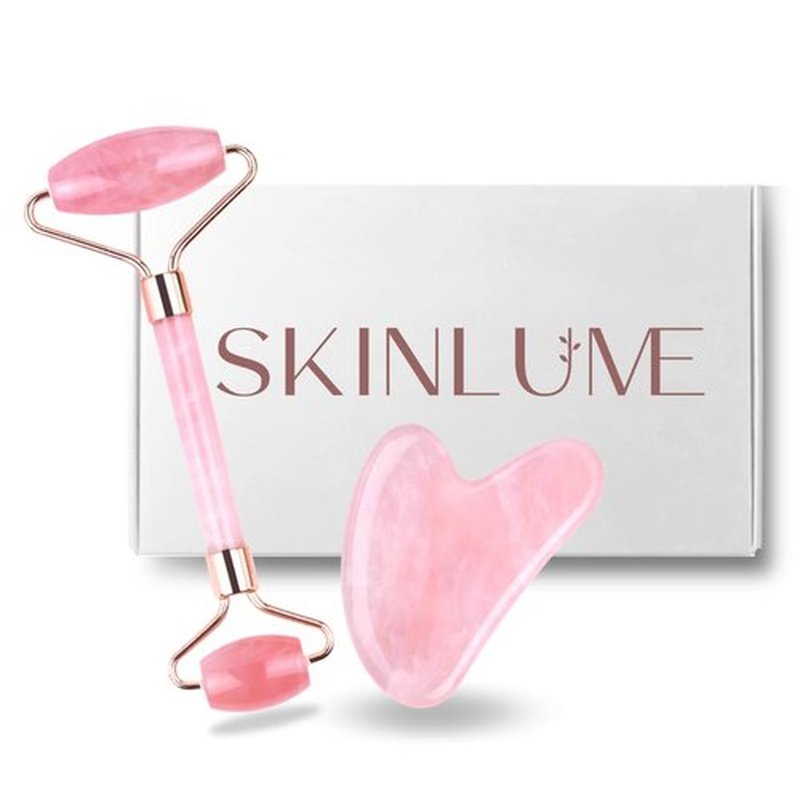 SkinLume Jade Roller Gua Sha Facial Tool - for Face Neck Eye Jawline, Reduce Puffiness and Tension, Gift Set for Men Woman 100% Natural Jade Stone (Pink)