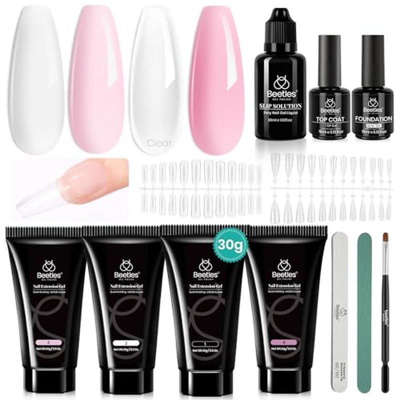 Beetles Poly Nail Extension Gel Kit, 4 Colors Pink White Poly Nail Gel Builder Sheer Pink Nail Gel Clear Nail Art Kit with Poly Brush and Slip Solution Nail Salon All In One French Poly for Women