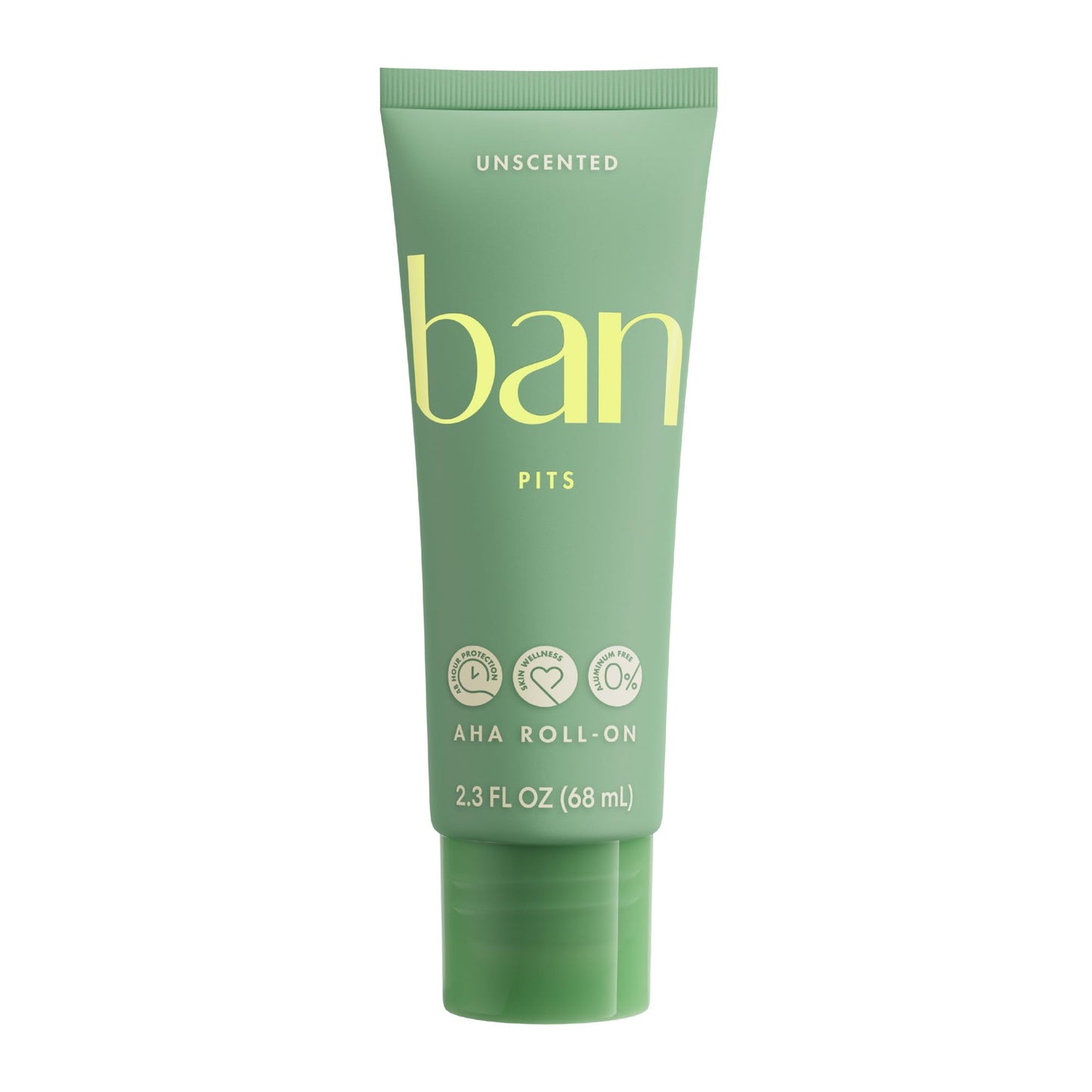 Ban Invisible Roll-On Aluminum-Free AHA Deodorant for Women and Men, Aluminum Free, 48-Hour Odor Protection, Unscented, 2.3 Oz