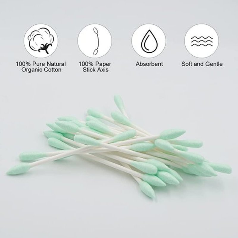 HOMEFOX Green Cotton Swabs Precision Pointed - 400 Count Pointy Organic Cotton Buds Double Side Tightly Wrapped Cotton Tips Paper Stick Soft Gentle Lint-Free Cruelty-Free, Pointy & Round (Green)