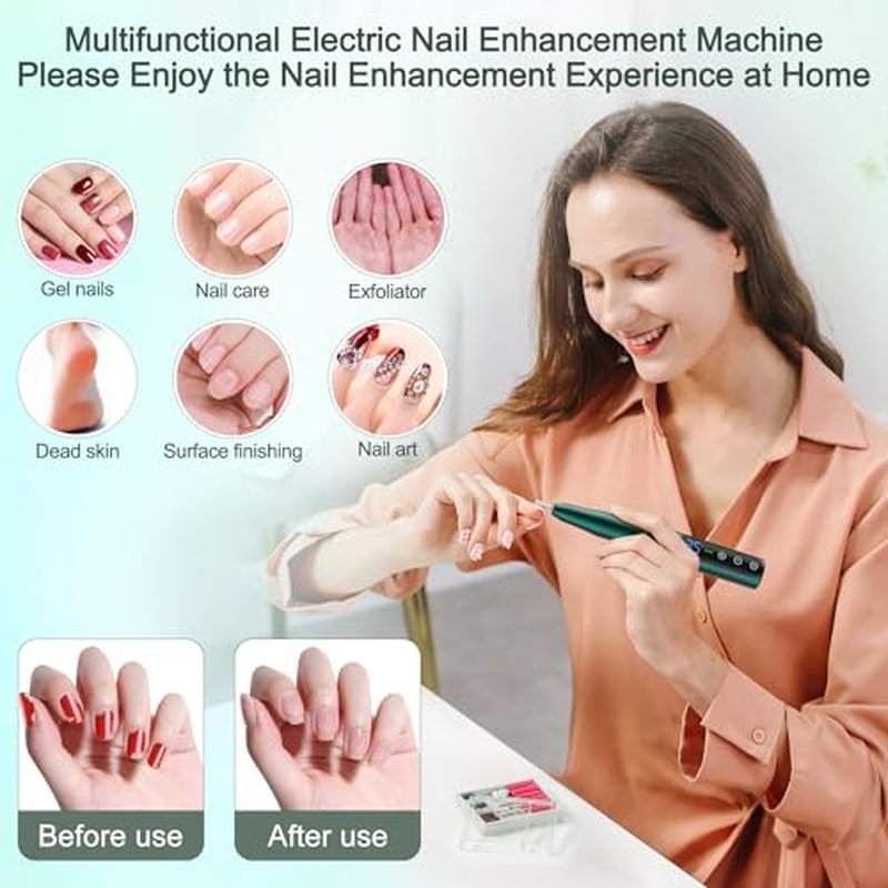 Nail Filer Electric，Cordless Electric Nail Drill Machine, with 11 Nail Drill Bits, USB Portable Efile for Acrylic Gel Nails Rechargeable Manicure Pedicure Polishing (Premium Green)