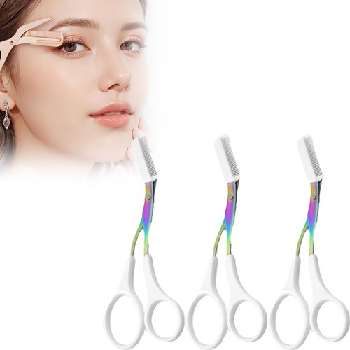 Eyebrow Trimmer Scissors for Women,Non-Slip Stainless Steel Eyebrow Scissors with Comb,2 in 1 Portable Professional Eyebrow Trimmer,Eyebrow Razor Makeup Tool (3 Pcs (White))
